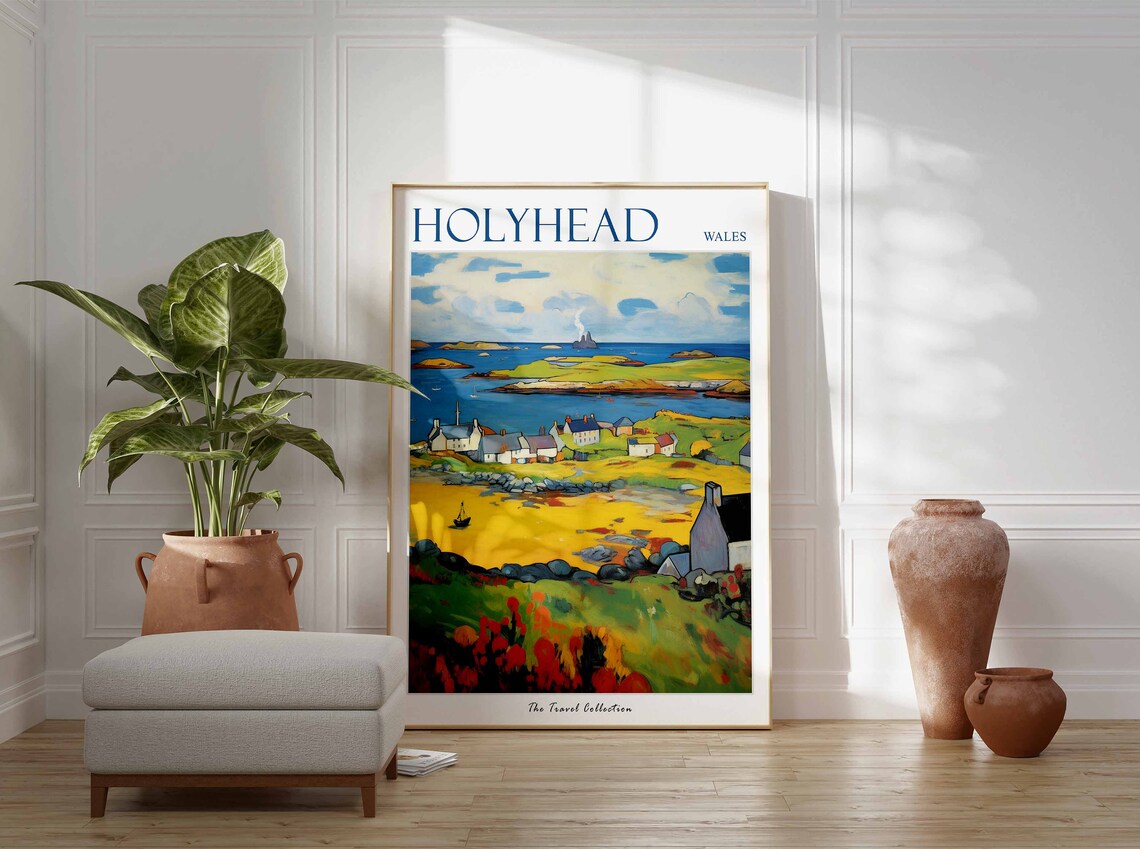 Holyhead Wales Harbor Island Cottages Sailboats Golden View Poster - Image 3