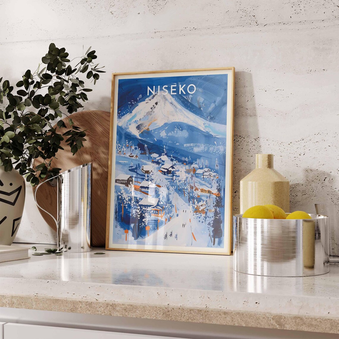 Niseko Japan Blue Night Village Lights Snow Peak Watercolor Ski Poster - Image 2