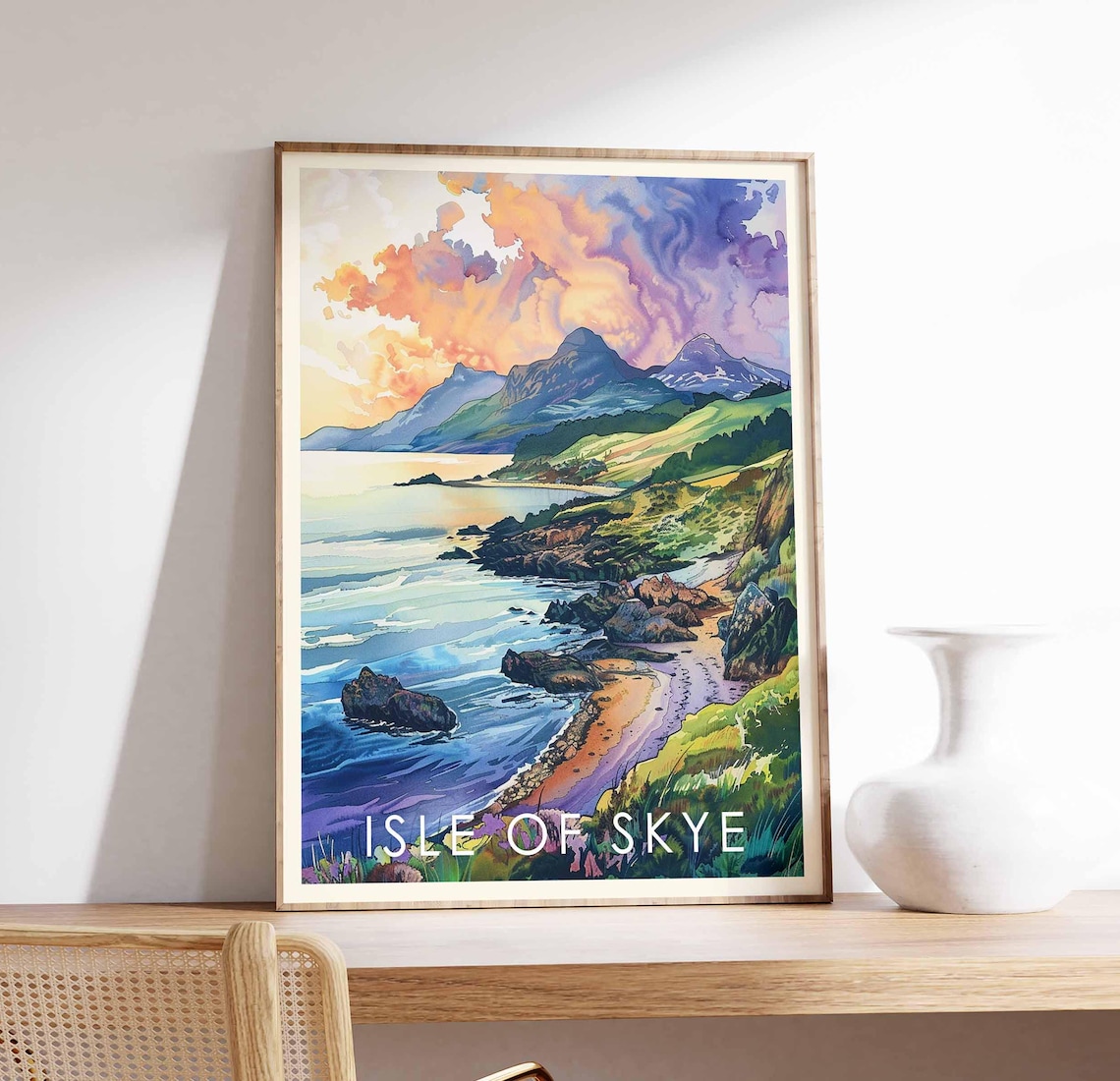 Isle of Skye Scotland Sunset Coast Watercolor Landscape Art Poster