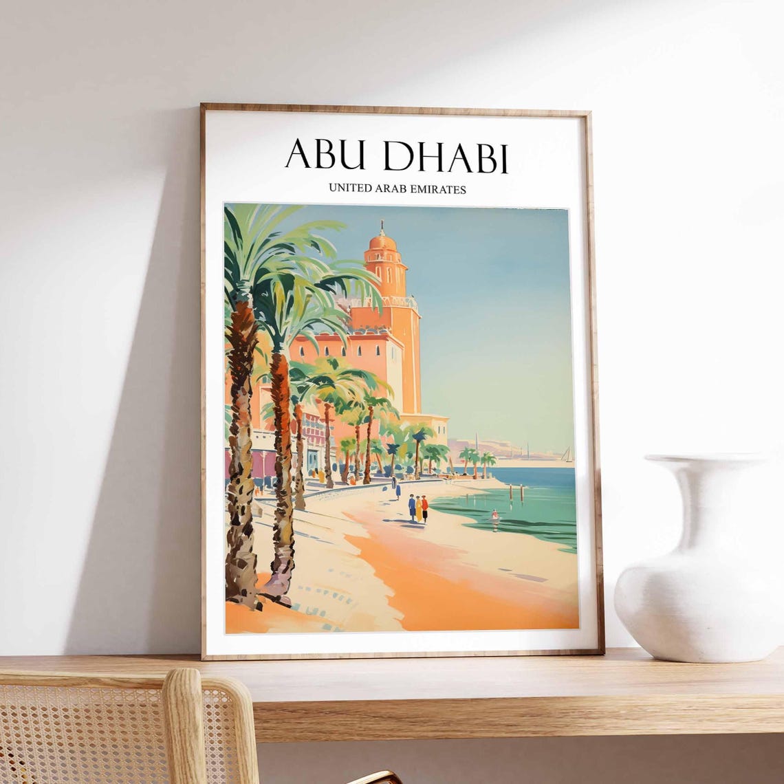Abu Dhabi UAE Beachfront Promenade Tower Palm Coast Art Poster
