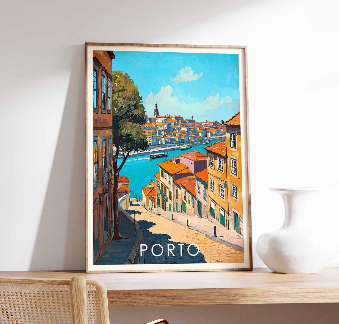 Porto Portugal Vibrant Riverside Cityscape Colorful Travel Poster