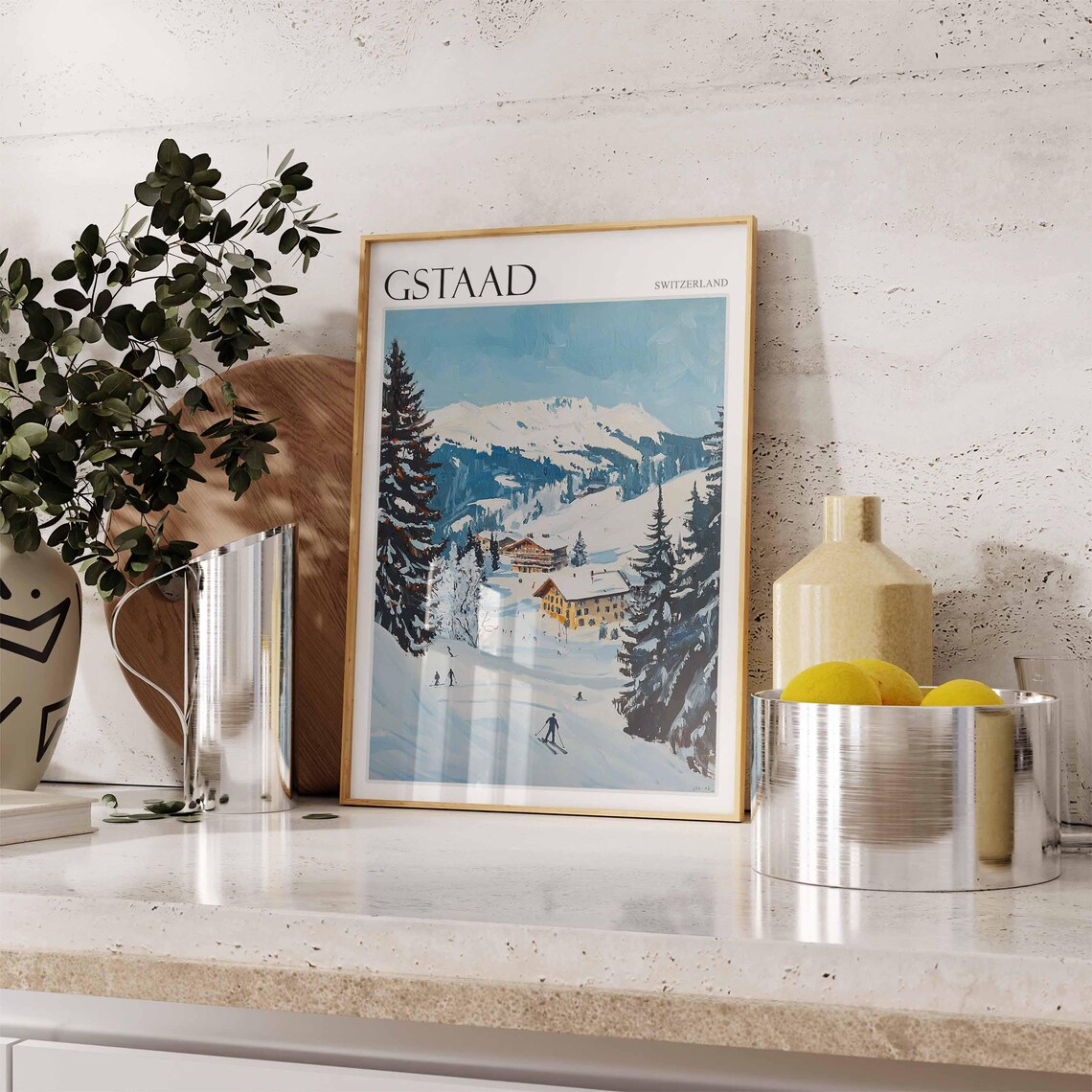 Gstaad Switzerland Alpine Chalets Skiers Pines Blue Winter Poster - Image 2