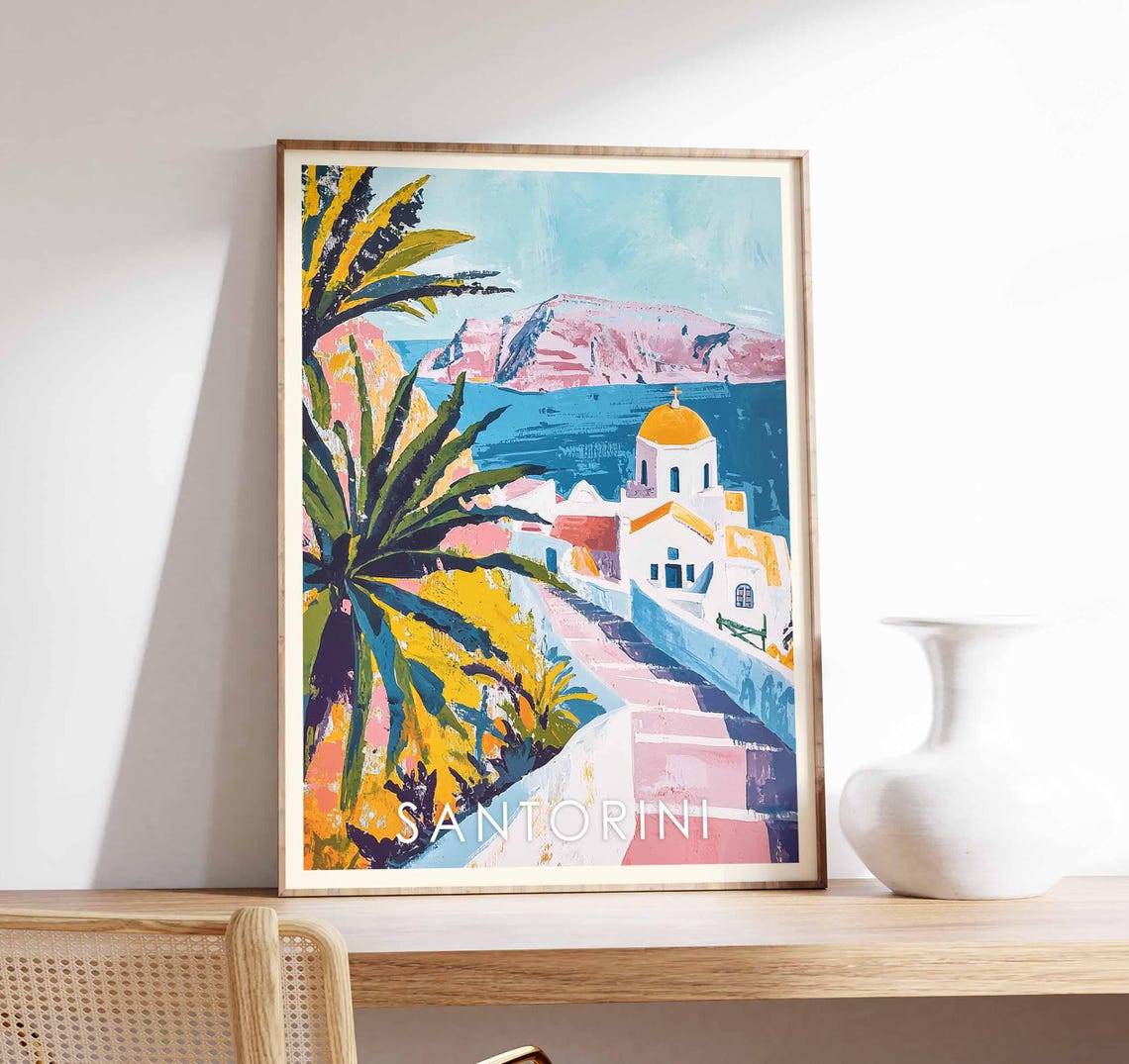 Santorini Greece Blue Dome Church Palm Caldera View Scene Poster