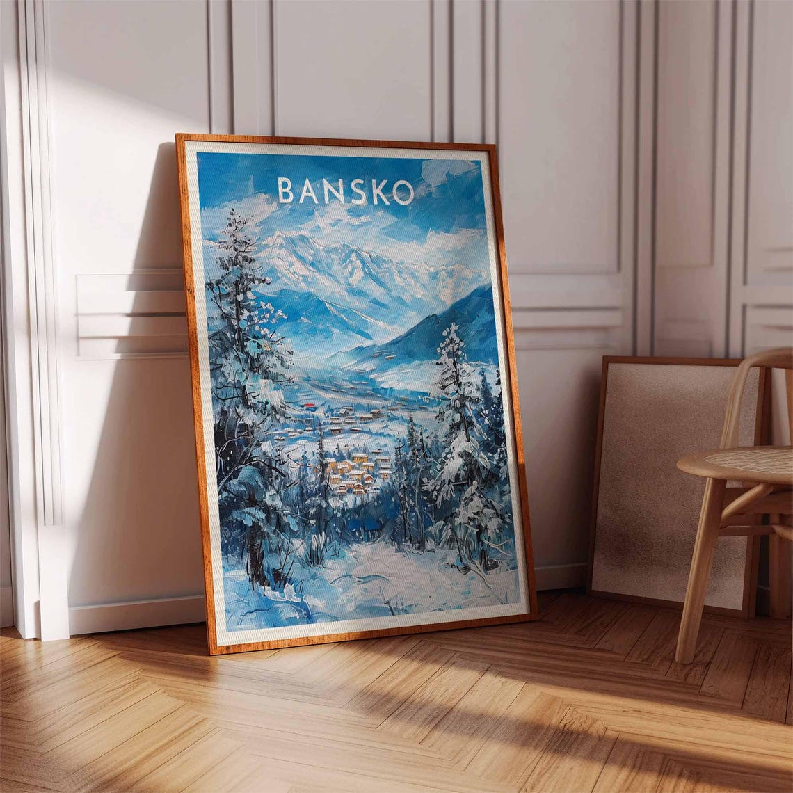 Bansko Evening Village Lights Deep Blue Impressionist Ski Poster - Image 2