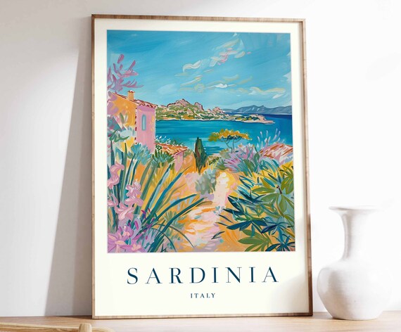 Sardinia Italy Mediterranean Coast Island Garden Pink House Art Travel Poster