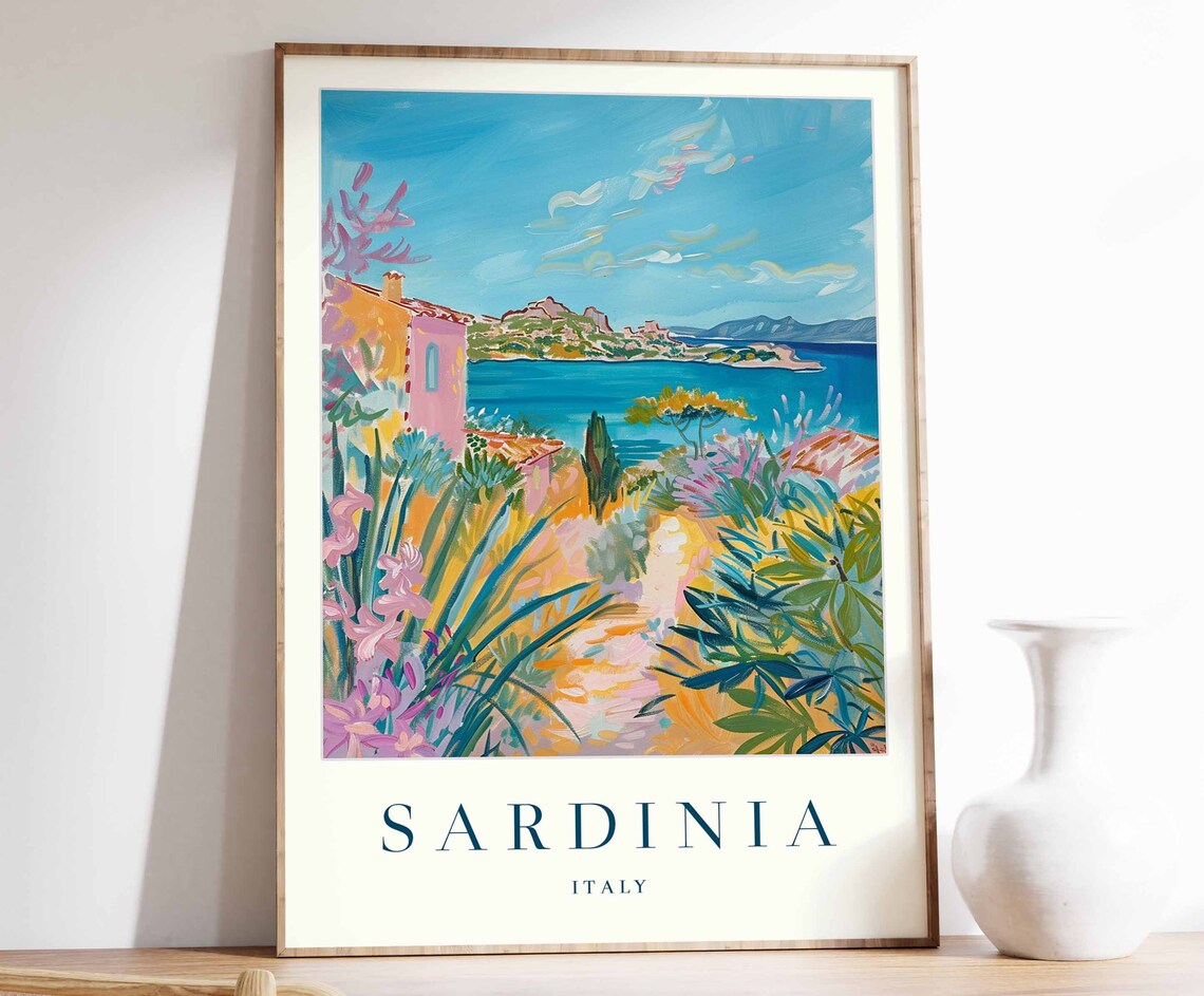 Sardinia Italy Mediterranean Coast Island Garden Pink House Art Travel Poster