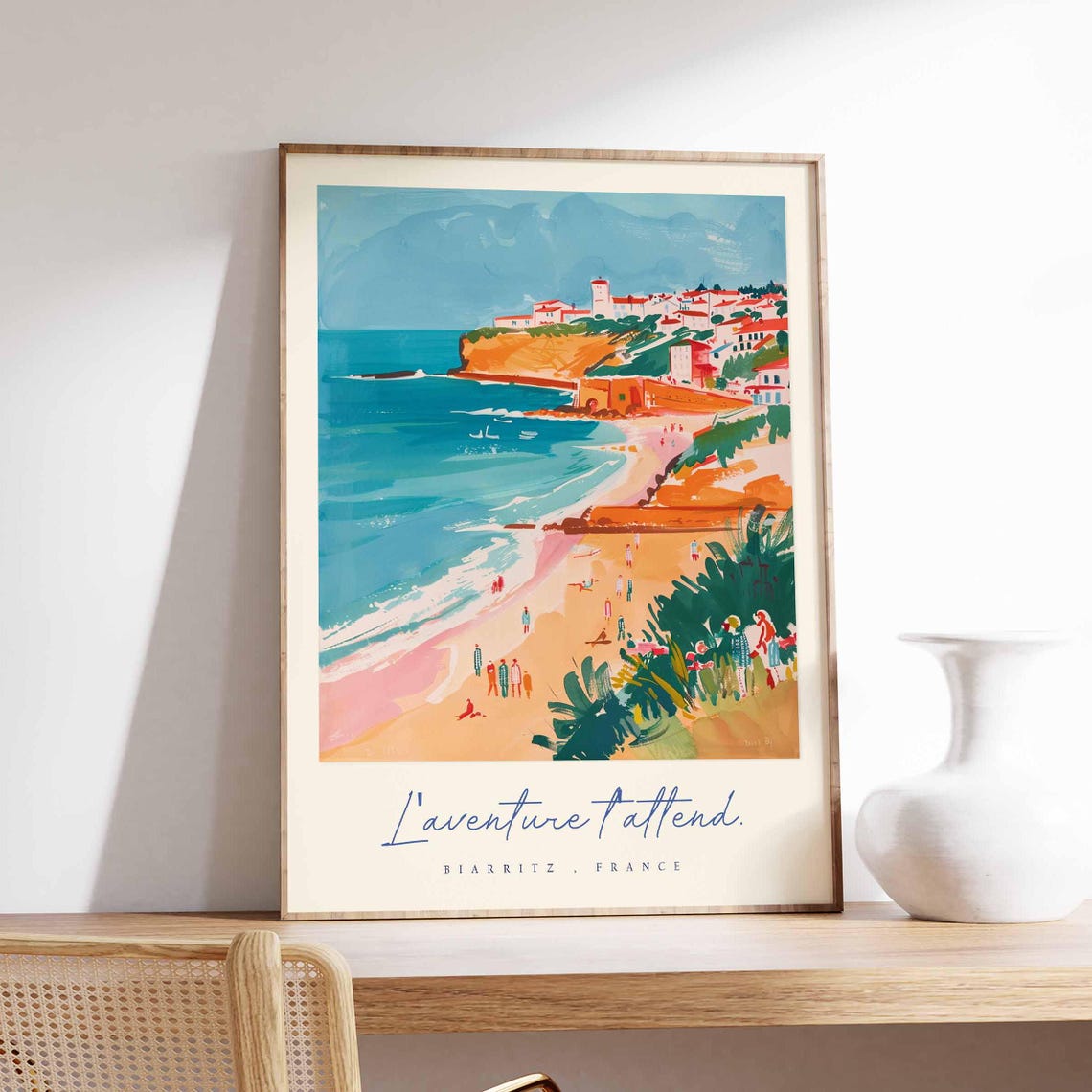Biarritz France Sunlit Beach Bathers Turquoise Waves Summer Art Poster