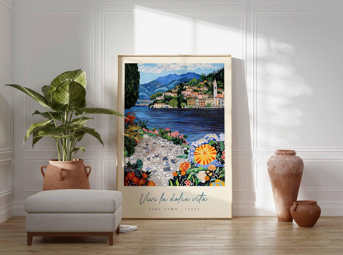 Lake Como Italy Sunlit Pebble Beach Path Flower Gardens Poster - Image 3