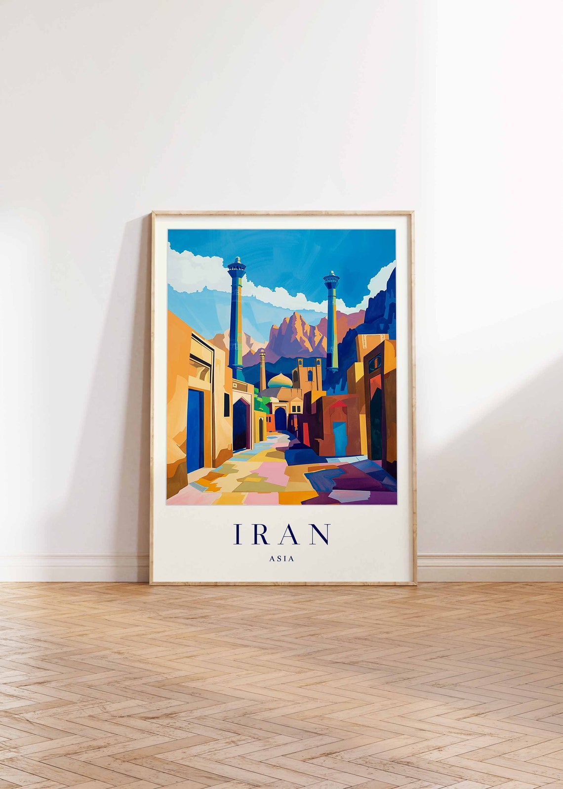Iran Minaret Mosque Street Desert Mountains Colorful Art Poster - Image 2