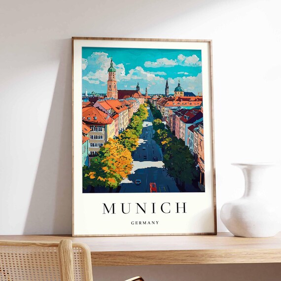 Munich Germany Tree Lined Street Saint Peters Tower Travel Poster