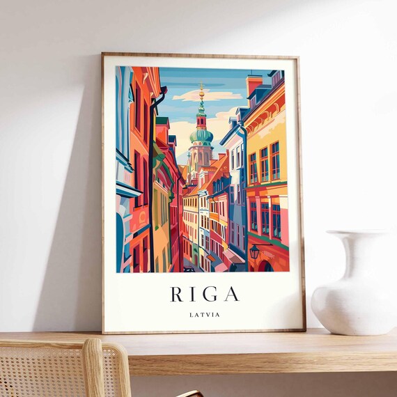 Riga Latvia Old Town Street Church Tower Colorful Scene Poster