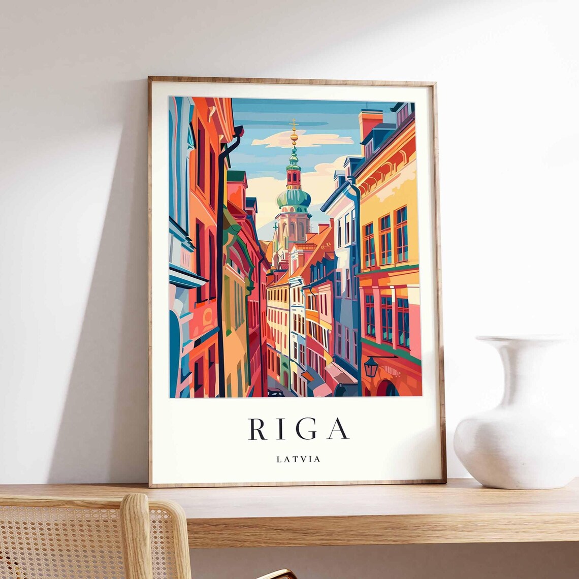 Riga Latvia Old Town Street Church Tower Colorful Scene Poster