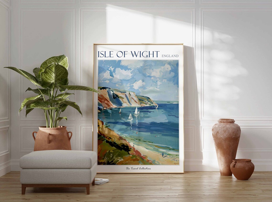 Isle of Wight England Chalk Cliffs Sailboats Watercolor Seascape Poster - Image 3