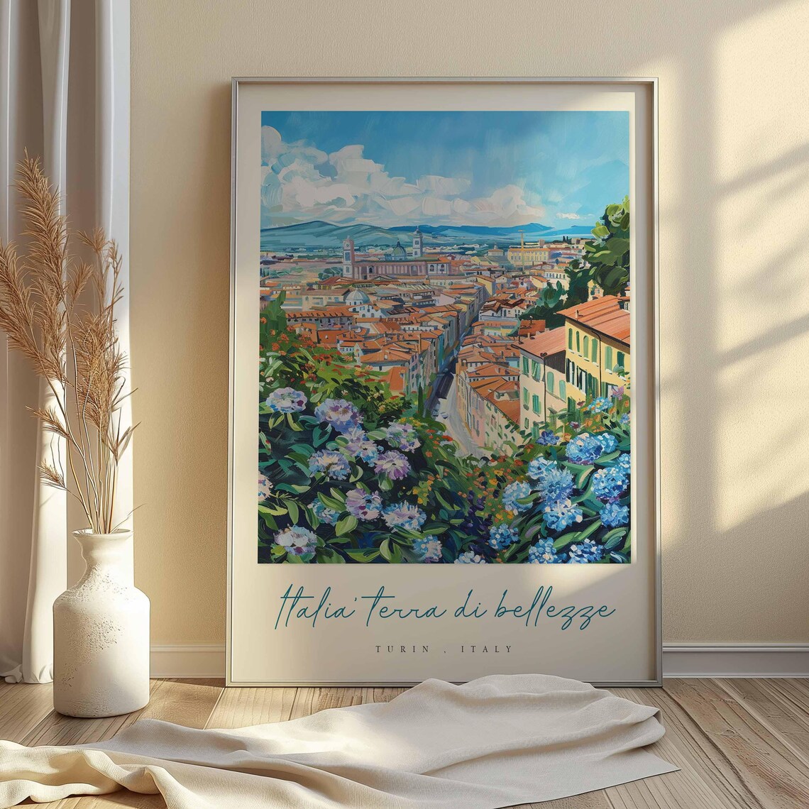 Turin Italy City Panorama Painting Hydrangea Flowers Italy Art Poster - Image 2