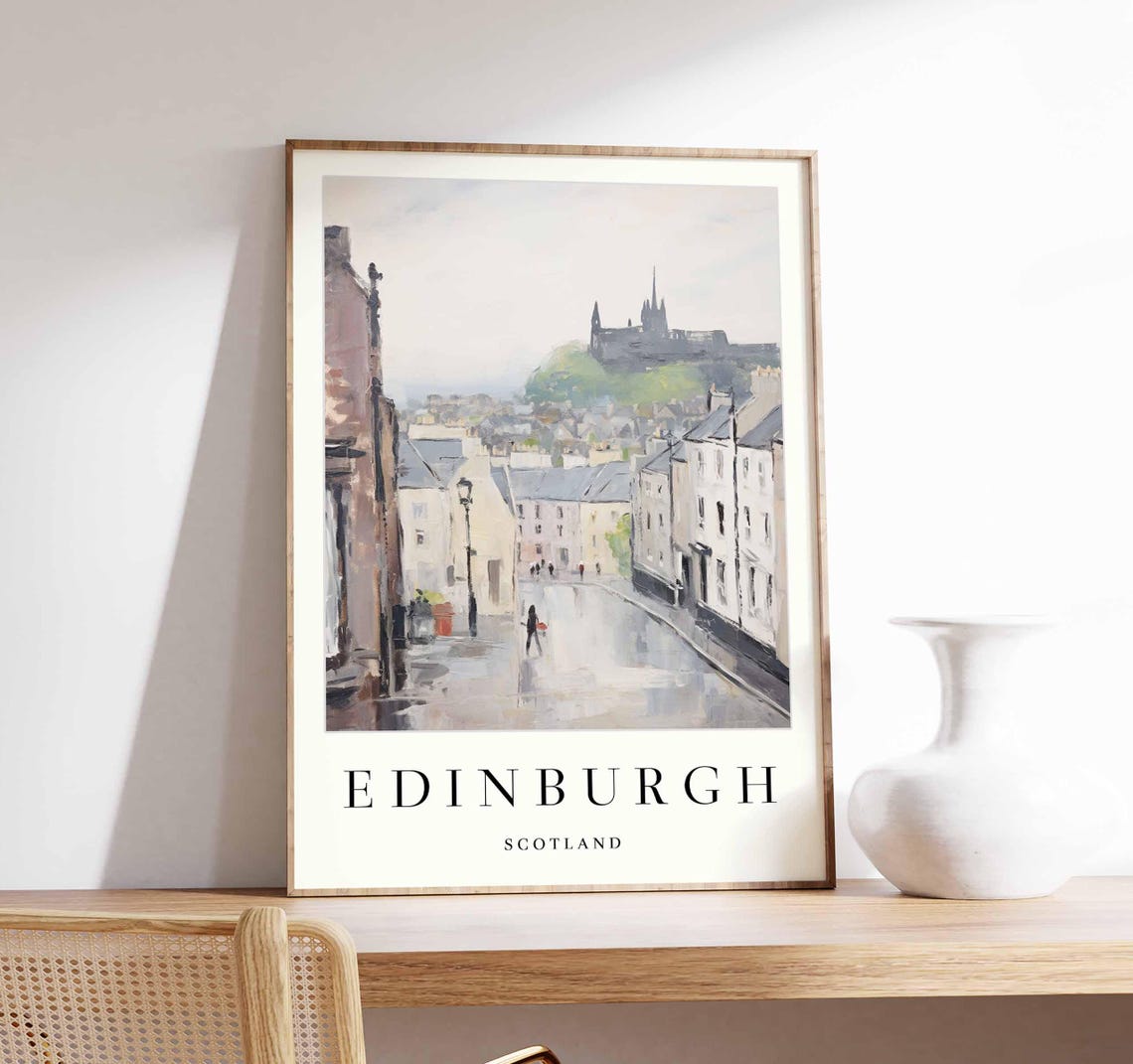 Edinburgh Scotland Rainy Cobbled Street Castle View Travel Poster