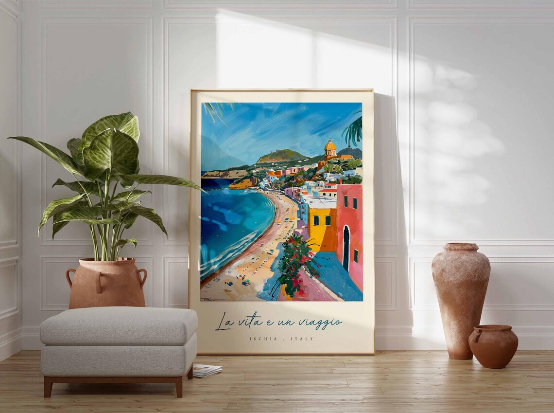 Ischia Italy Colorful Beach Town Domed Church Seaside Travel Poster - Image 3
