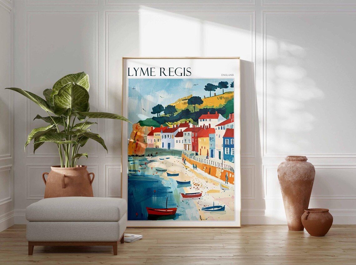 Lyme Regis England Colorful Houses Boats Cliffs Waterfront Poster - Image 3