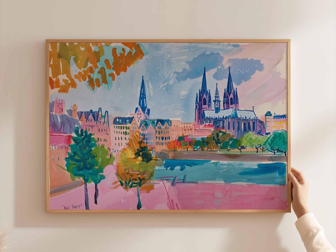 Cologne Cathedral Pink Abstract Riverside Cityscape Painting Poster