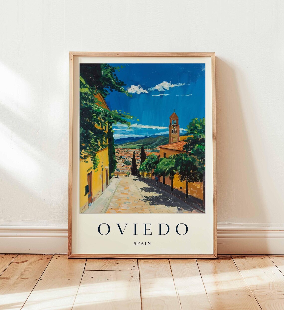 Oviedo Spain Yellow Buildings Tree Lined Street Blue Sky Travel Poster