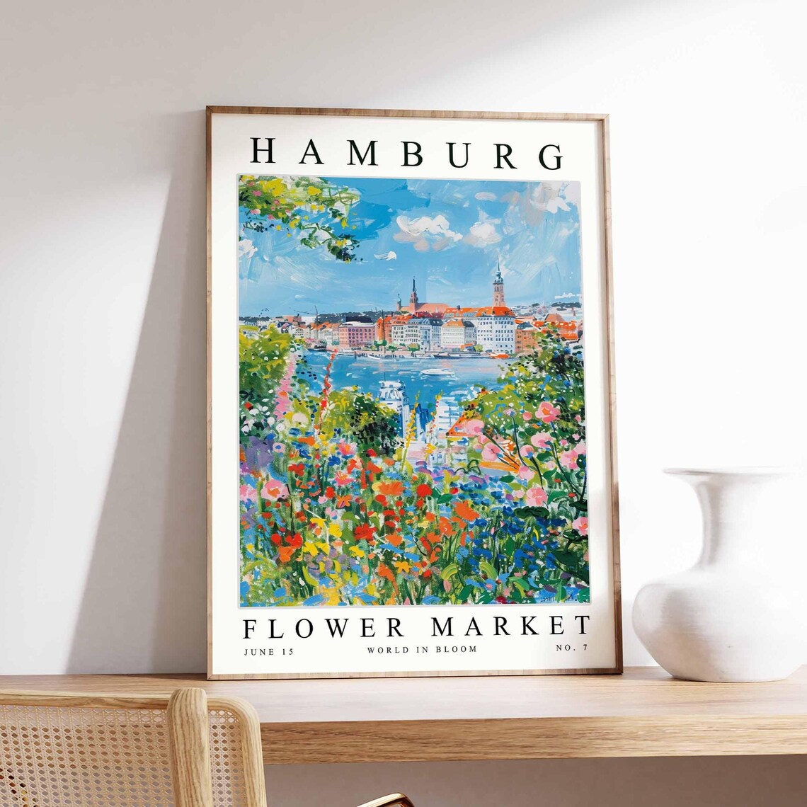 Hamburg Flower Market Vibrant Wildflower Harbor Skyline City Poster