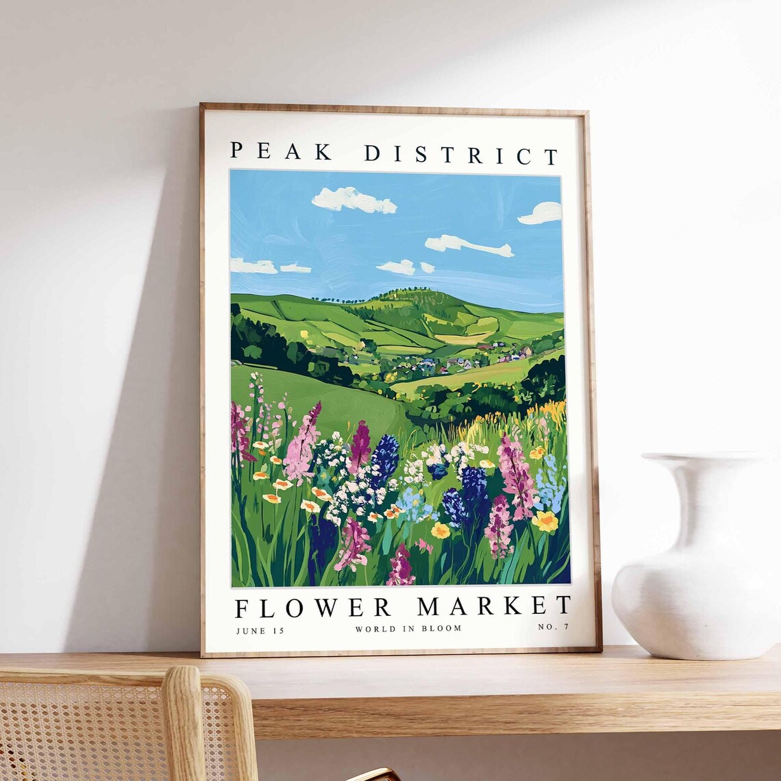 Peak District Green Valley Foxglove Bloom Meadow Village View Poster