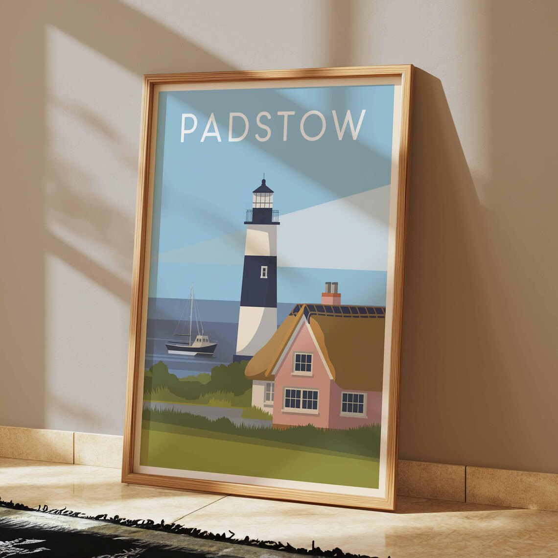 Padstow England Coastal Lighthouse Thatched Cottage Travel Poster - Image 2