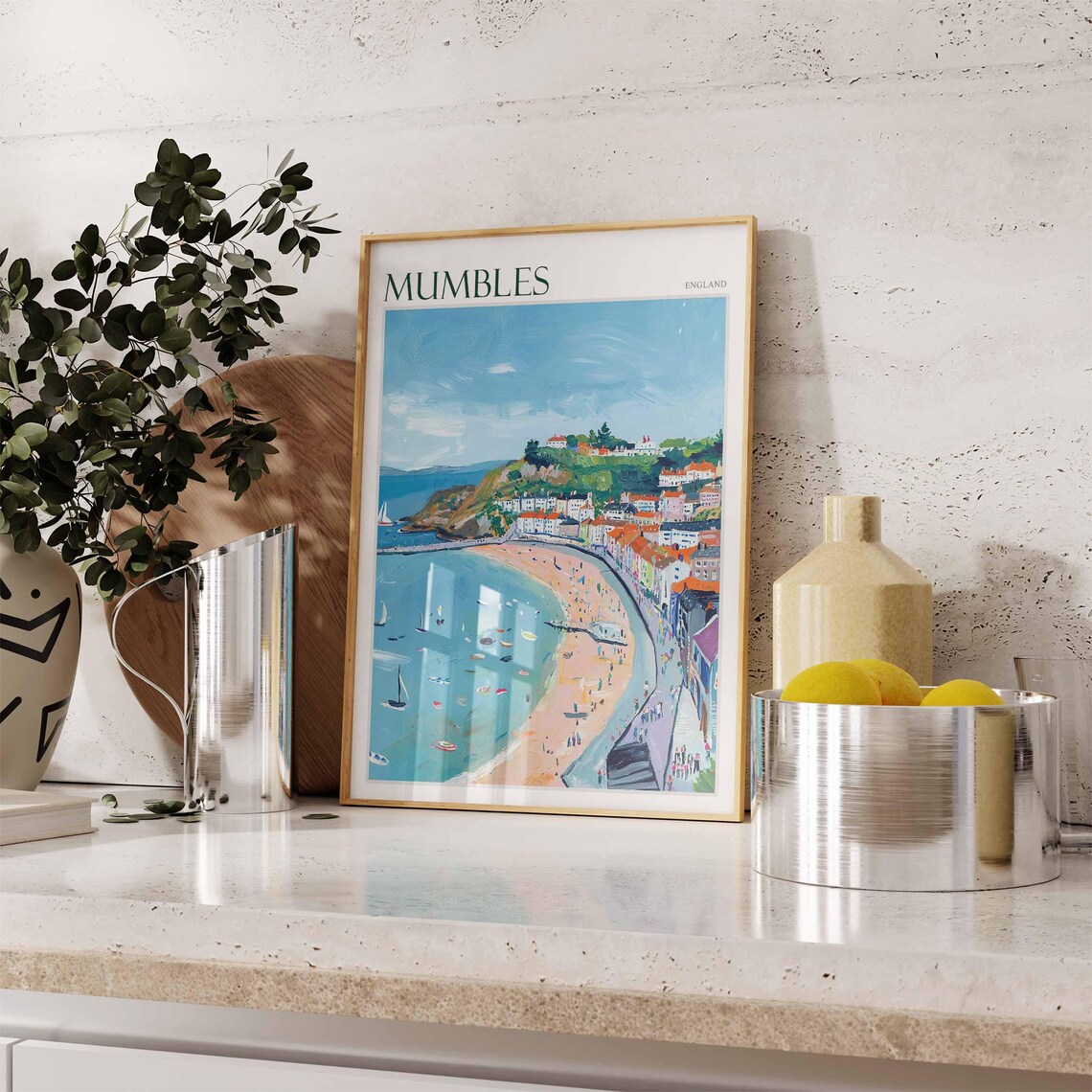 Mumbles Panoramic Beach Boats Bay Town England Travel Poster - Image 2