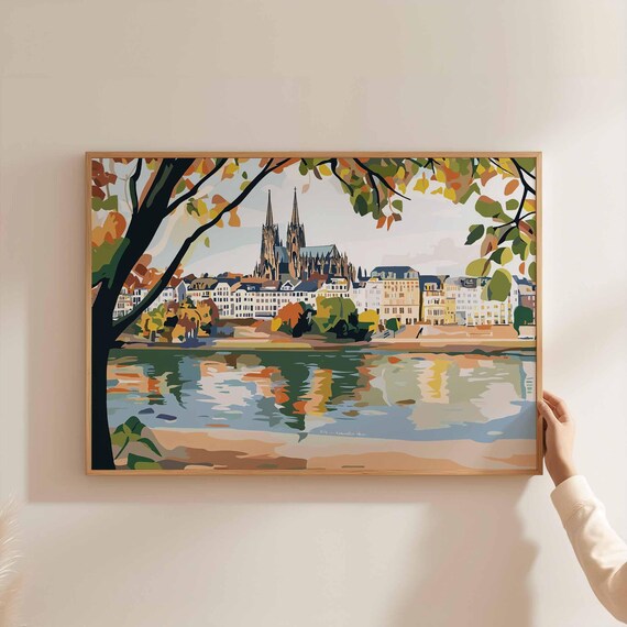 Cologne Cathedral Autumn River Reflection Trees Painterly Poster