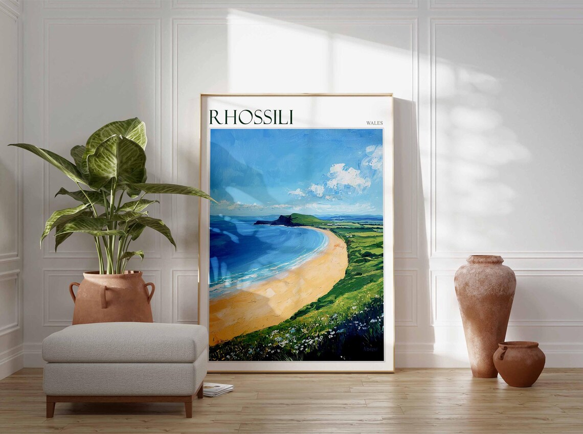 Rhossili Wales Sweeping Sandy Bay Headland Oil Style Art Poster - Image 4