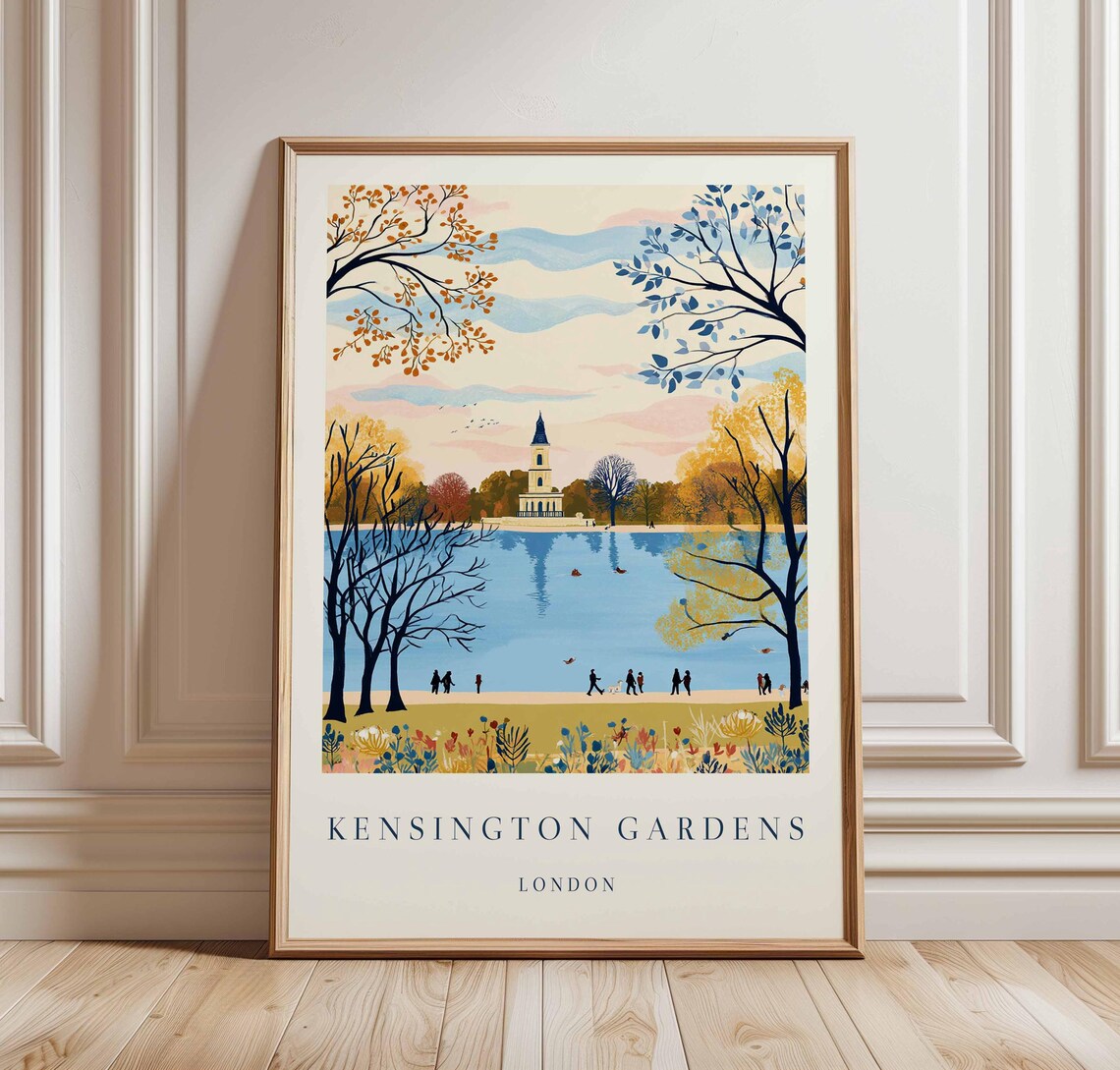 Kensington Gardens London Lake Sunset Reflections Illustrated Poster