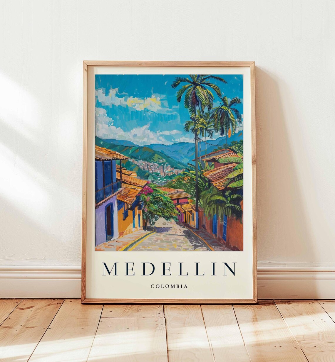 Medellin Colombia Sunlit Cobblestone Street With Palm Trees Poster