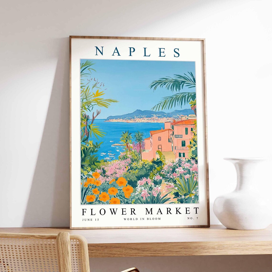 Naples Flower Market Bay Boats Italian Coastal Town Floral Poster