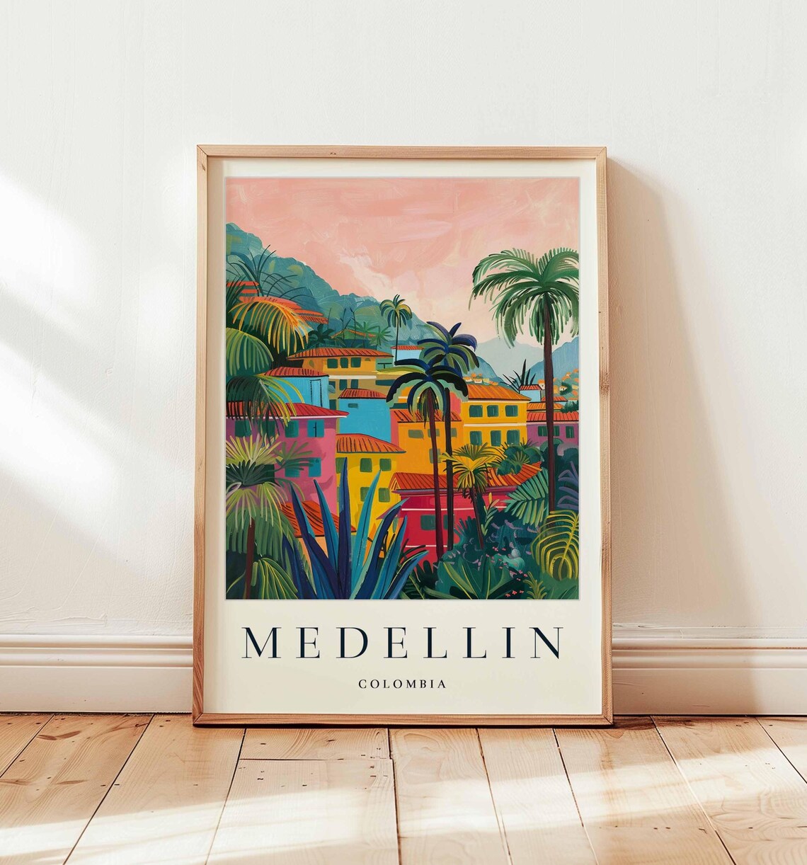 Medellin Colombia Pink Sunset Over the Hillside Town Travel Poster