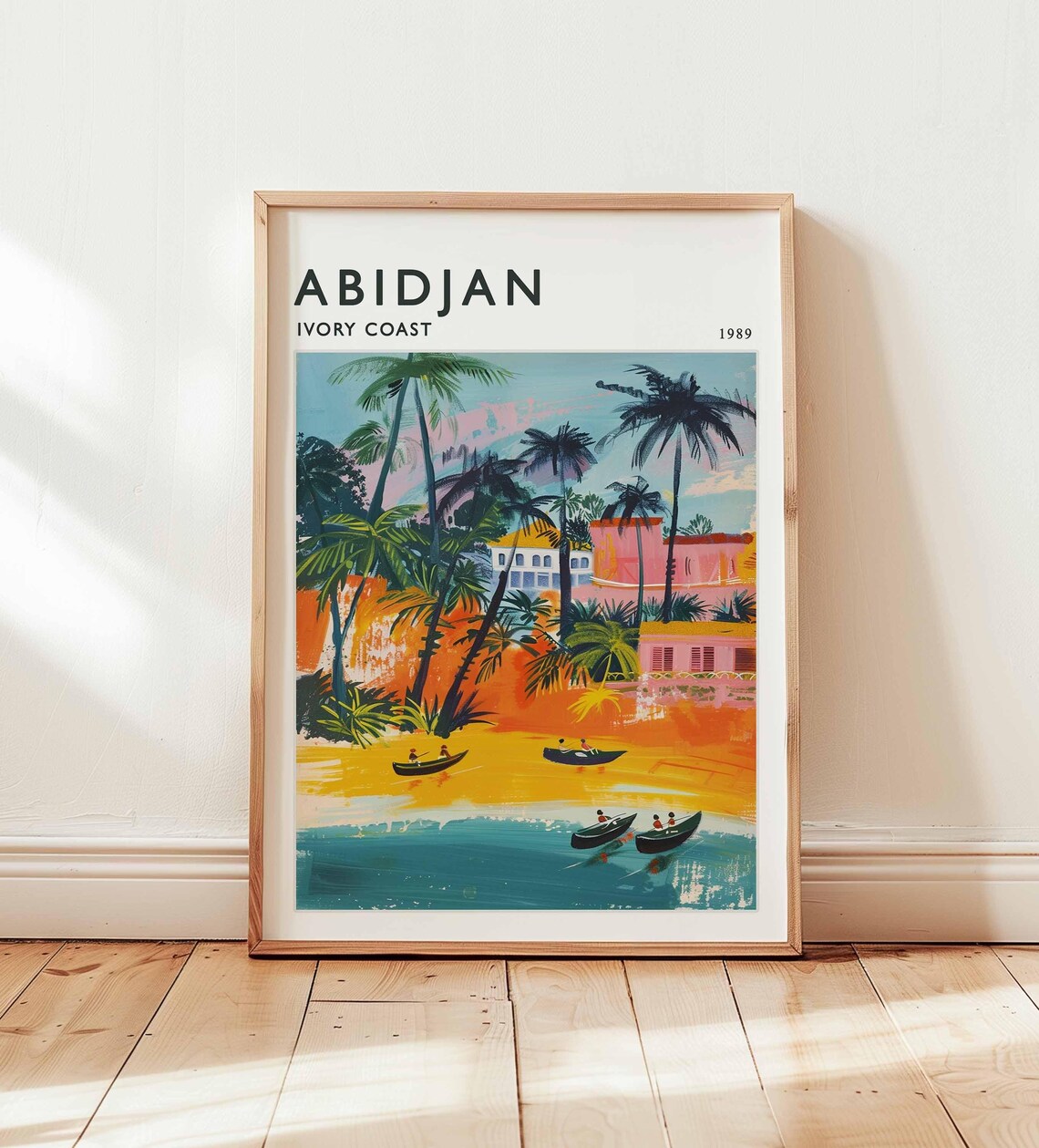 Abidjan Ivory Coast 1989 Palm Lagoon Fishing Boats Sunset Travel Poster