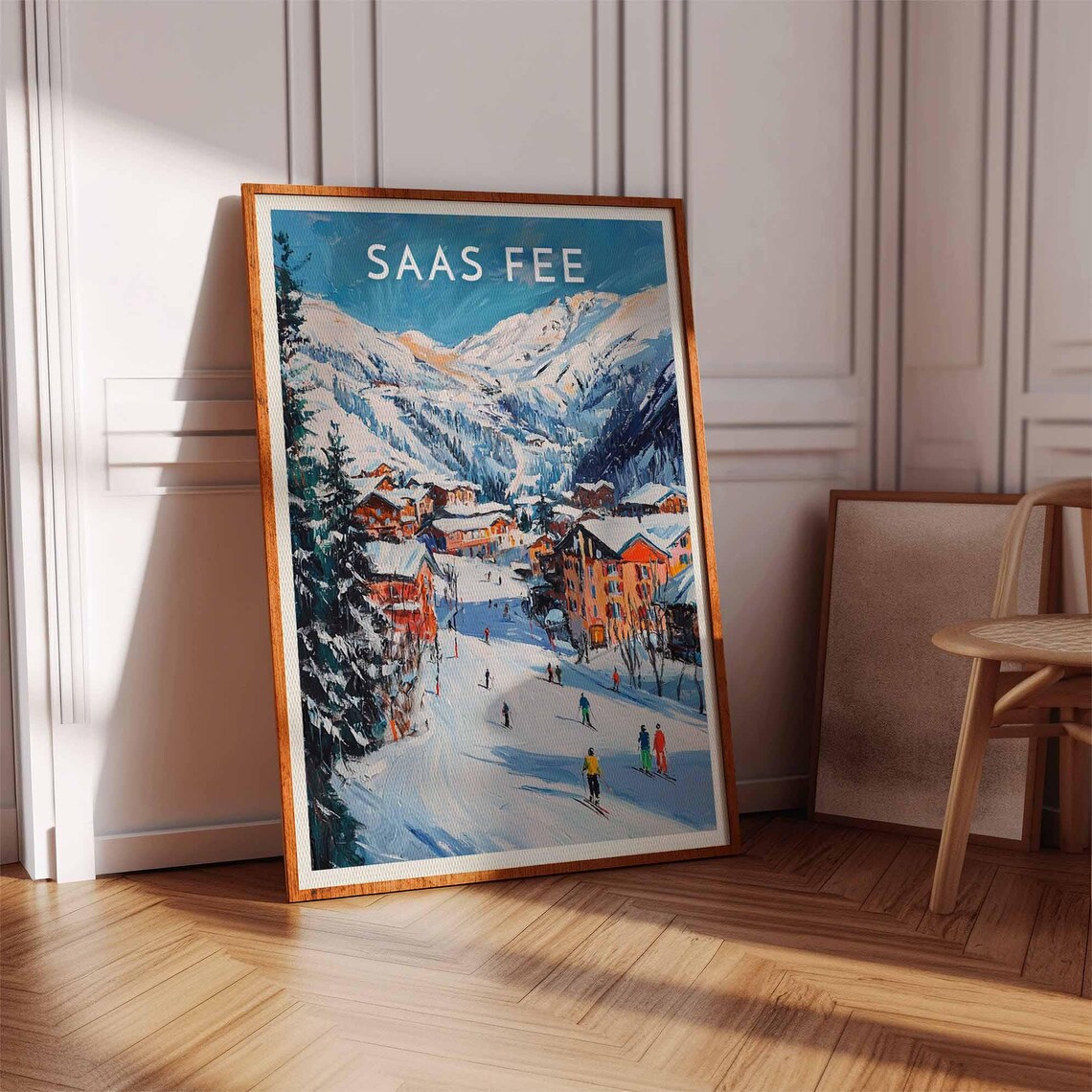 Saas Fee Switzerland Village Street Skiers Colorful Chalets Glacier Poster - Image 3