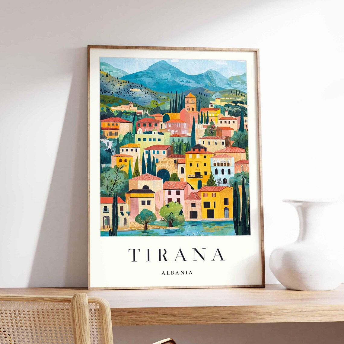 Tirana Albania Old Town Colorful Houses Cypress Trees Mountain Poster