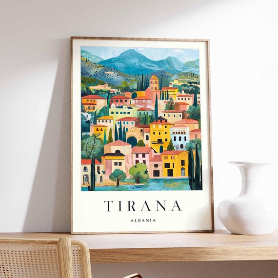 Tirana Albania Old Town Colorful Houses Cypress Trees Mountain Poster