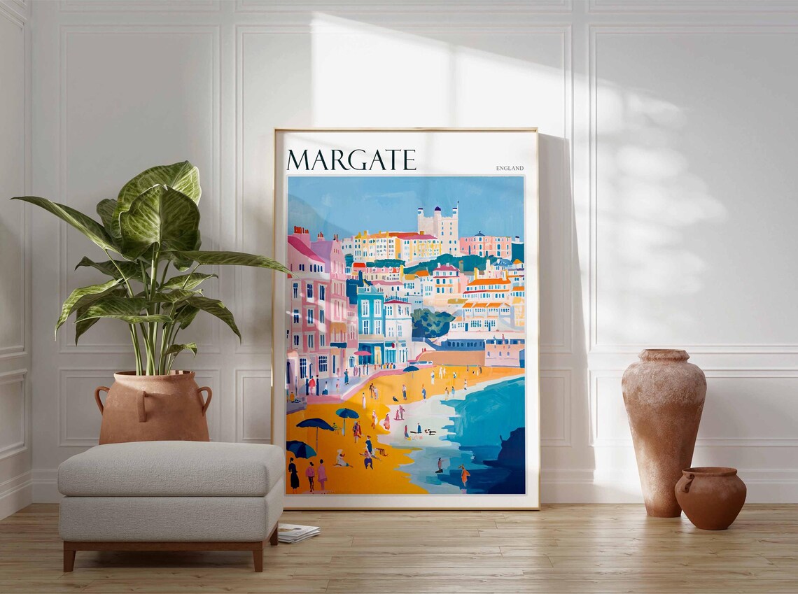 Margate England Beachfront Pastel Buildings Umbrellas Art Poster - Image 3