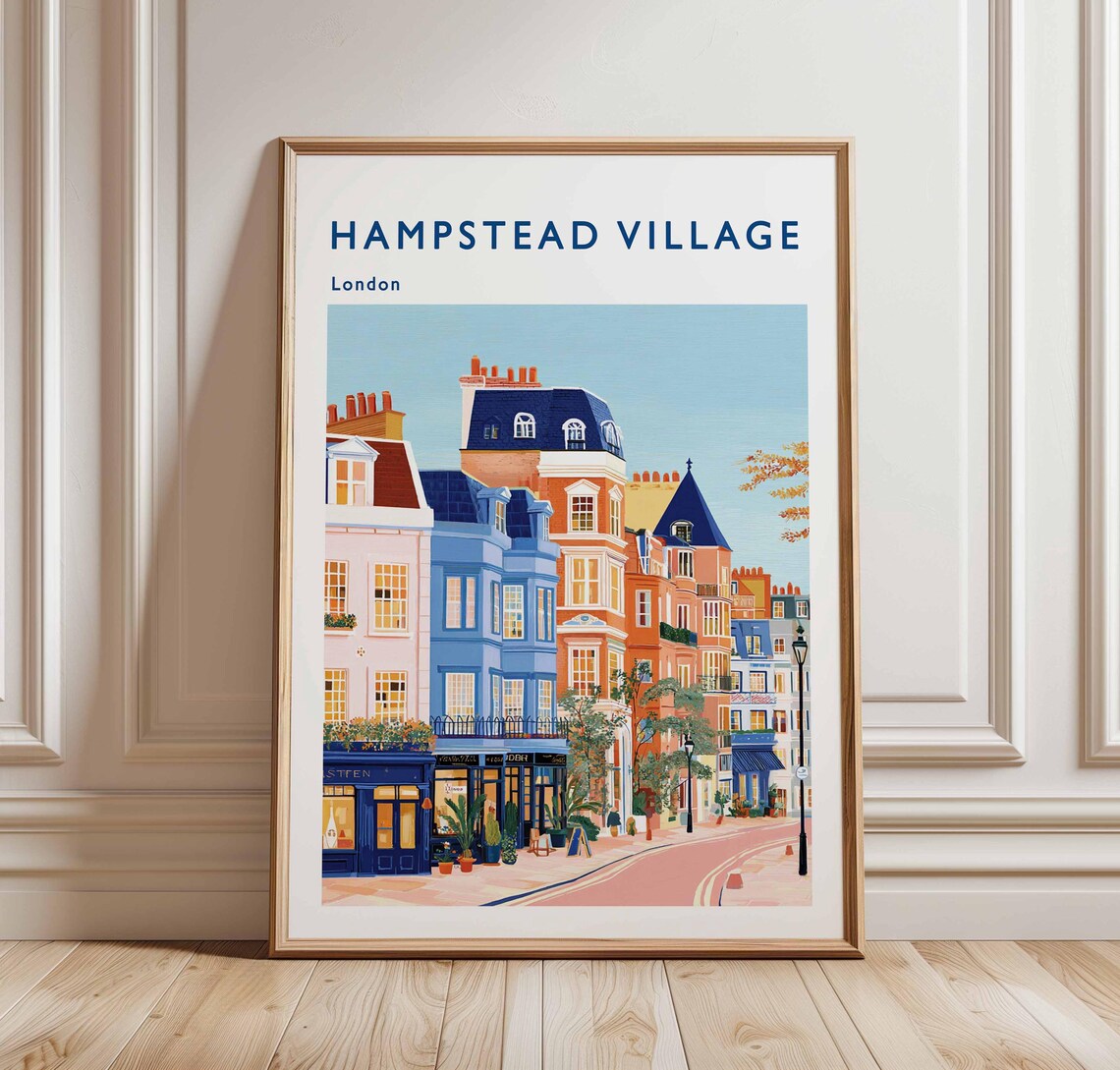 Hampstead Village London High Street Shops Colorful Travel Poster