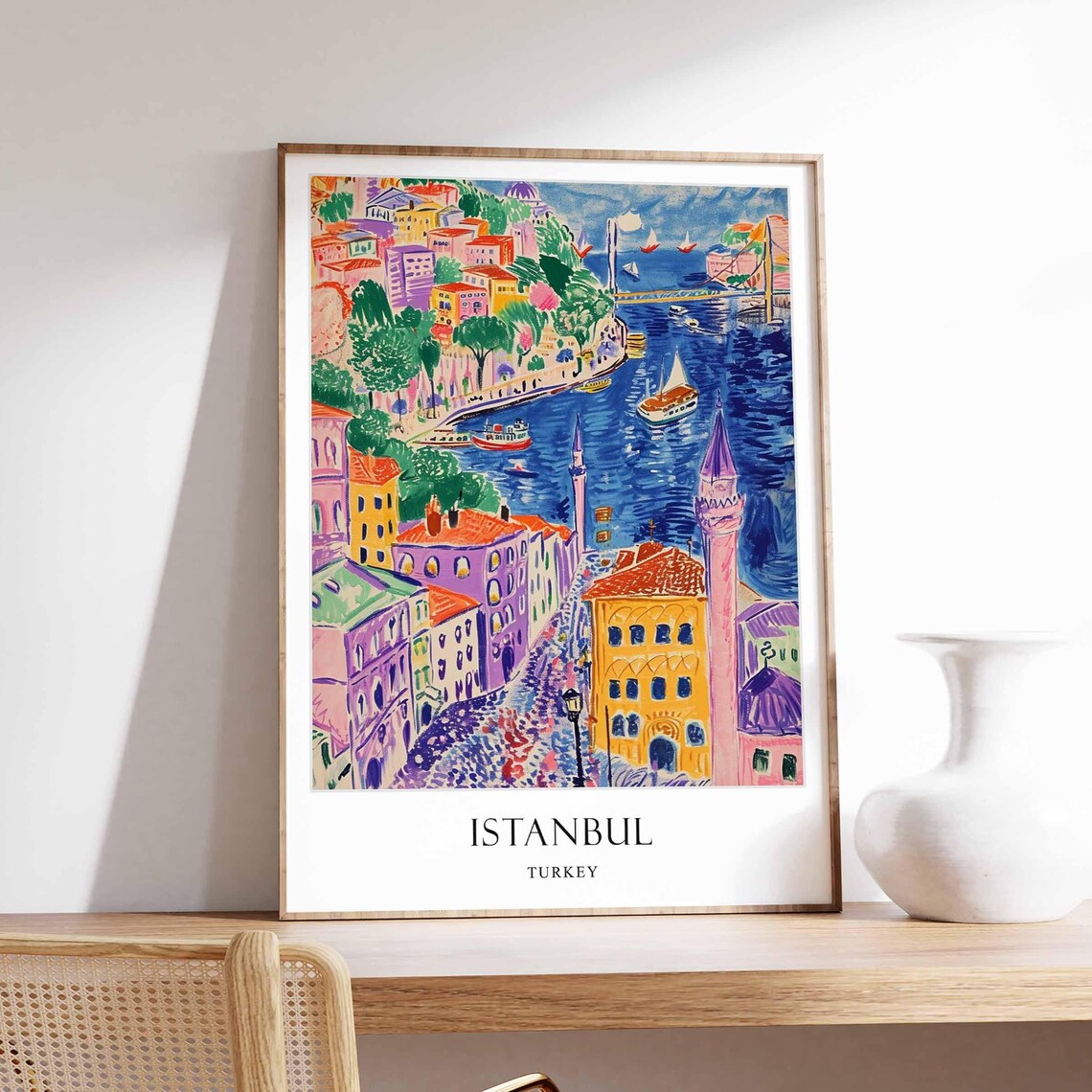 Istanbul Turkey Cityscape Poster Colorful Harbor Minaret Bridge Scene