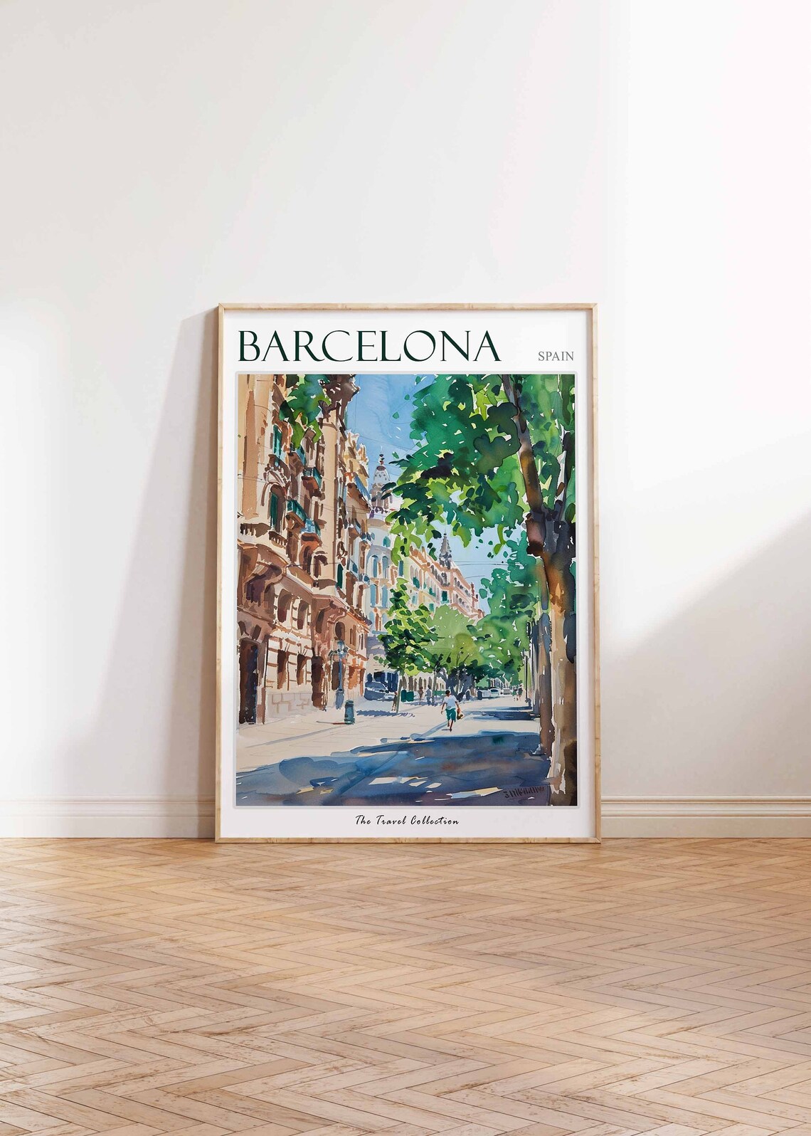 Barcelona Spain Sunlit Street Watercolor Cityscape Travel Poster - Image 2