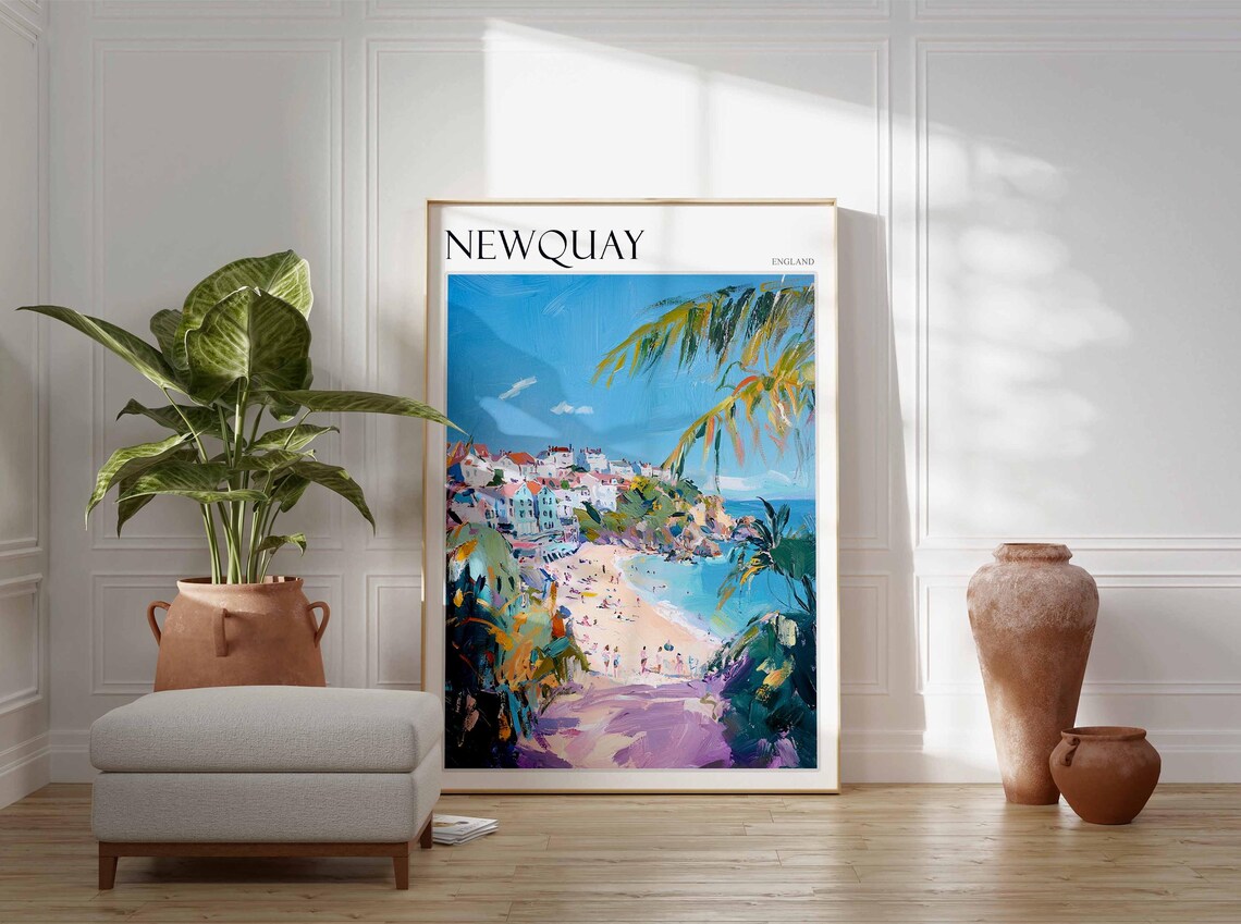 Newquay England Cove Beach Palm Fronds Colorful Headland Town Poster - Image 3