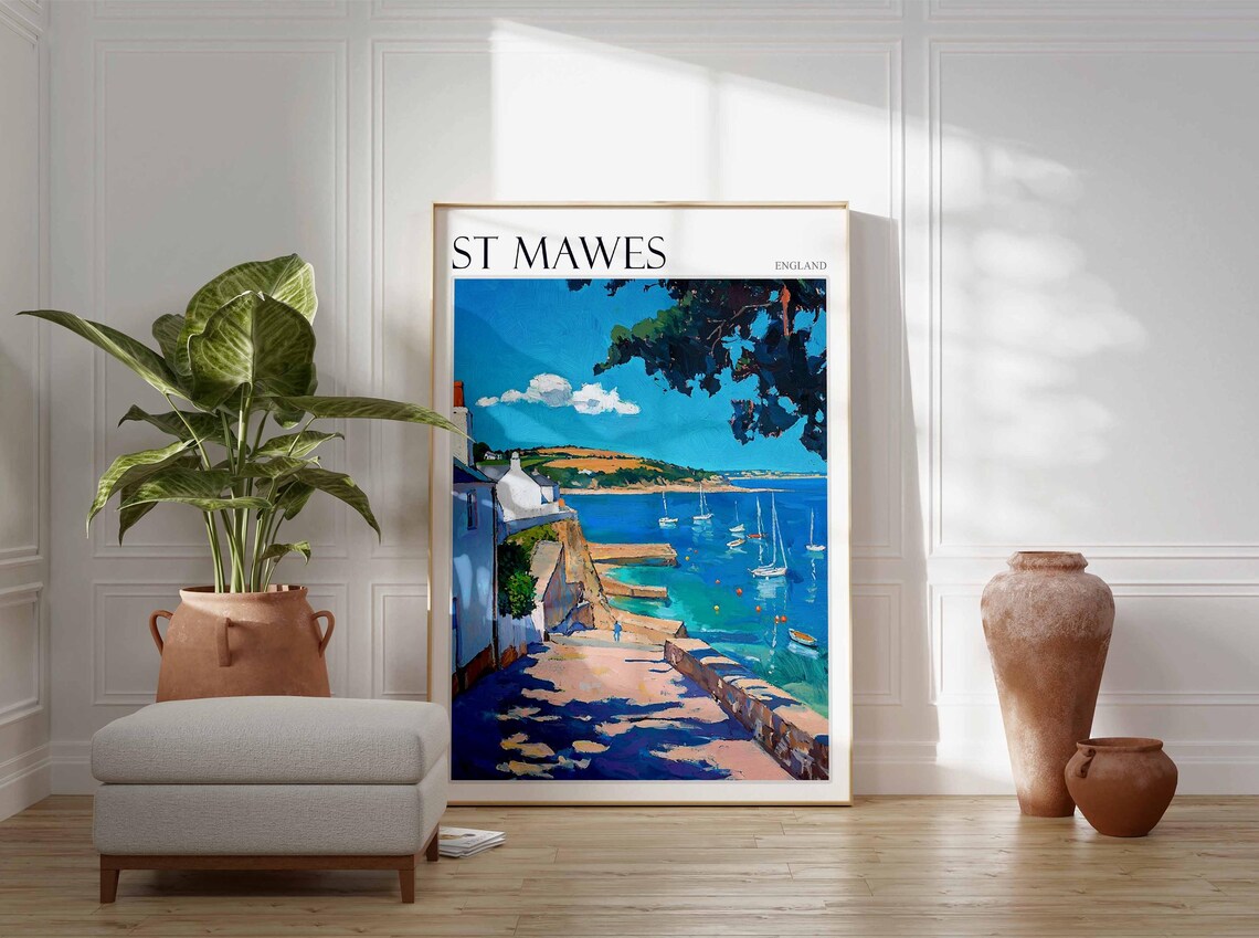 St Mawes England Cliff Path Overlooking Sailboats and Seaside Cottages Poster - Image 2