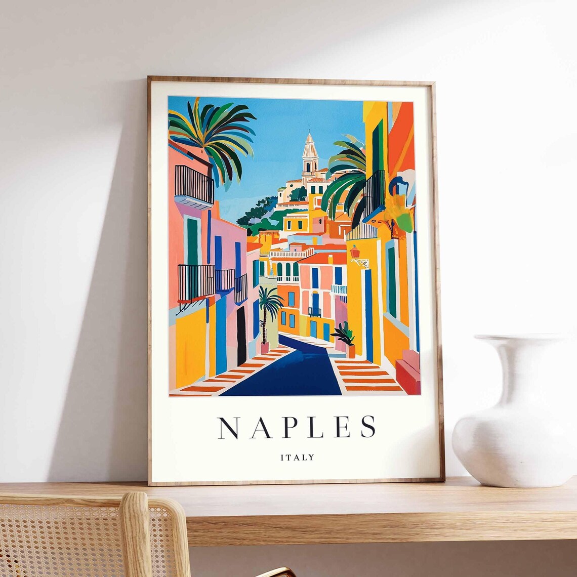 Naples Italy Colorful Street with Bell Tower Mediterranean Poster