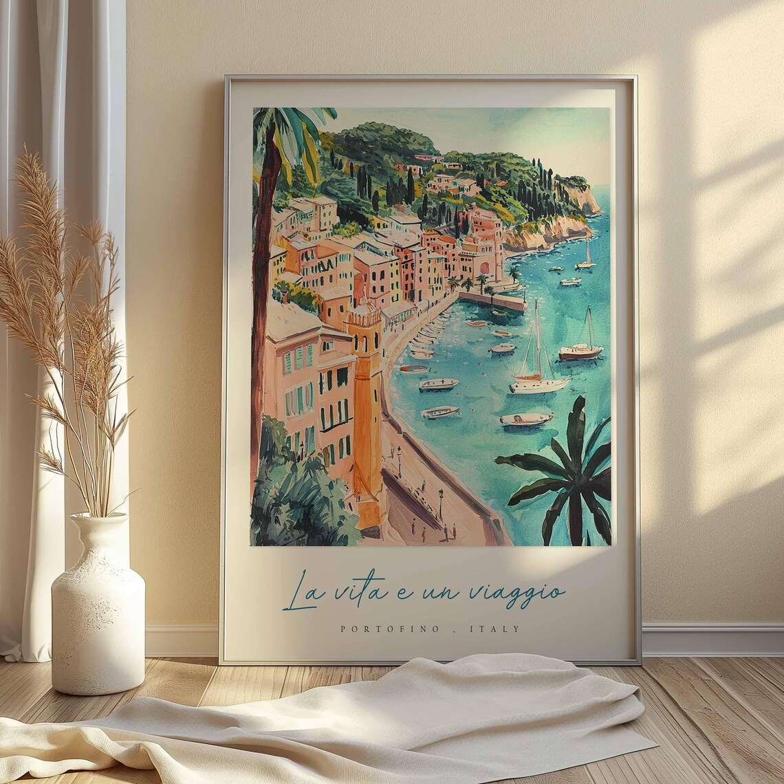 Portofino Italy Watercolor Bay Scene La Vita E Un Viaggio Poster - Image 2