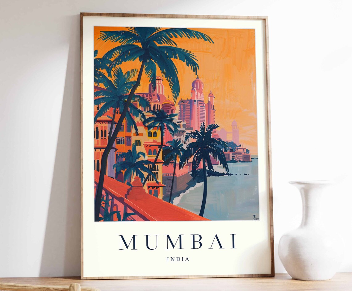 Mumbai India Fiery Gateway Sunset With Palm Trees Travel Poster