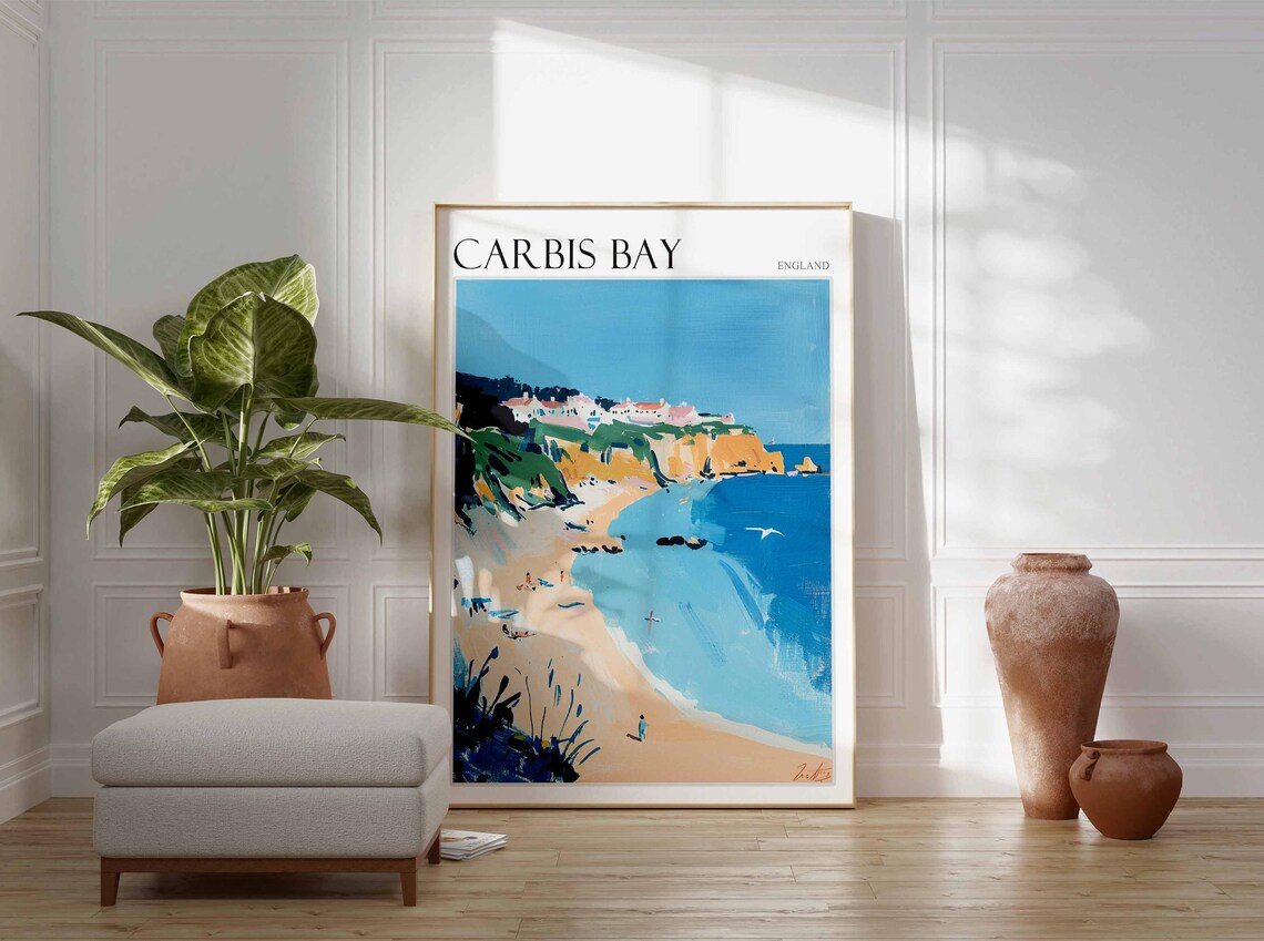 Carbis Bay England Golden Beach Cliffs Blue Sea Painted Travel Poster - Image 3
