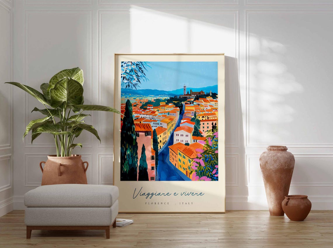 Florence Winding River Colorful Town View Italy Travel Poster - Image 3