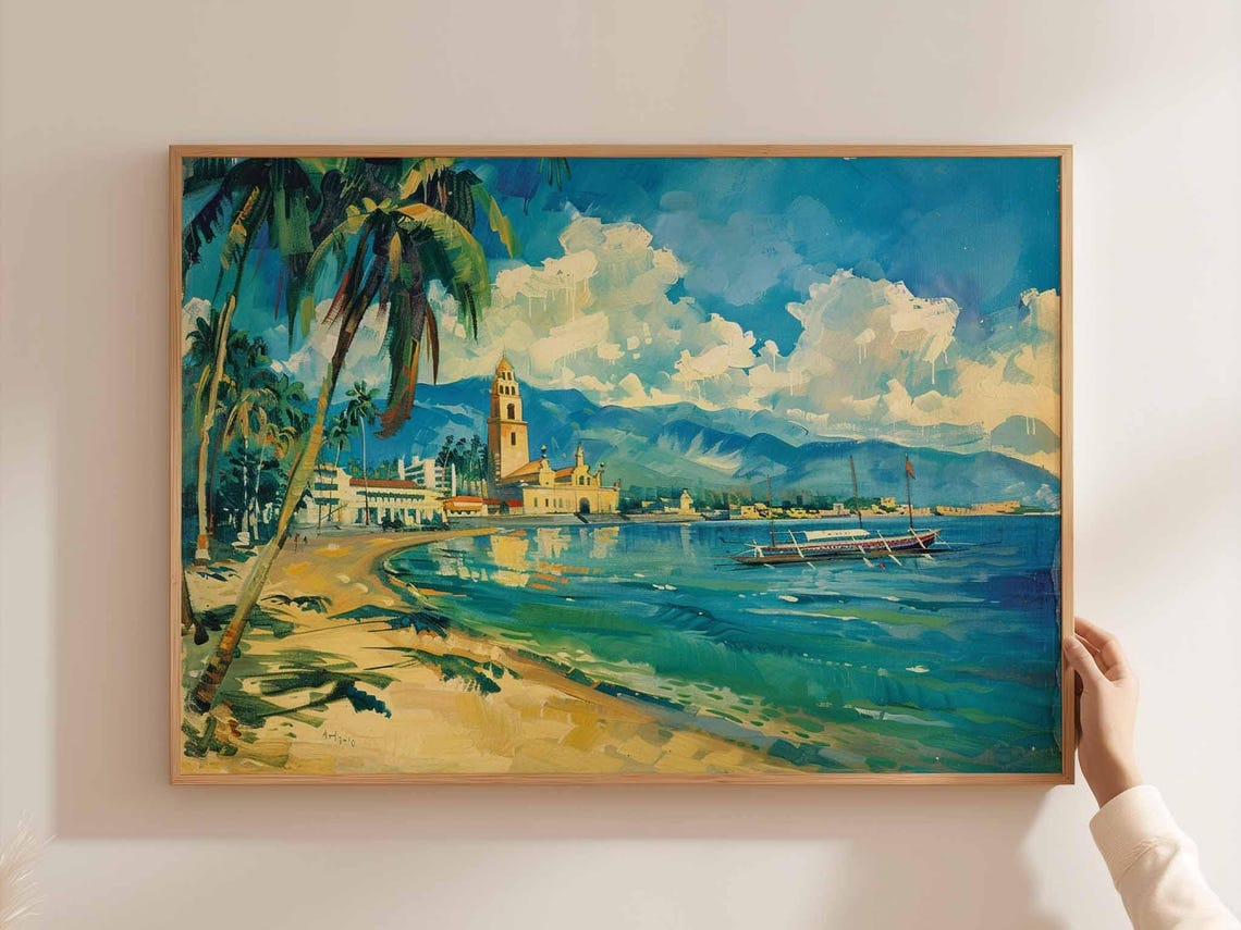 Cebu Beach Church Tower Boat Mountain Coastline Scenic Art Poster