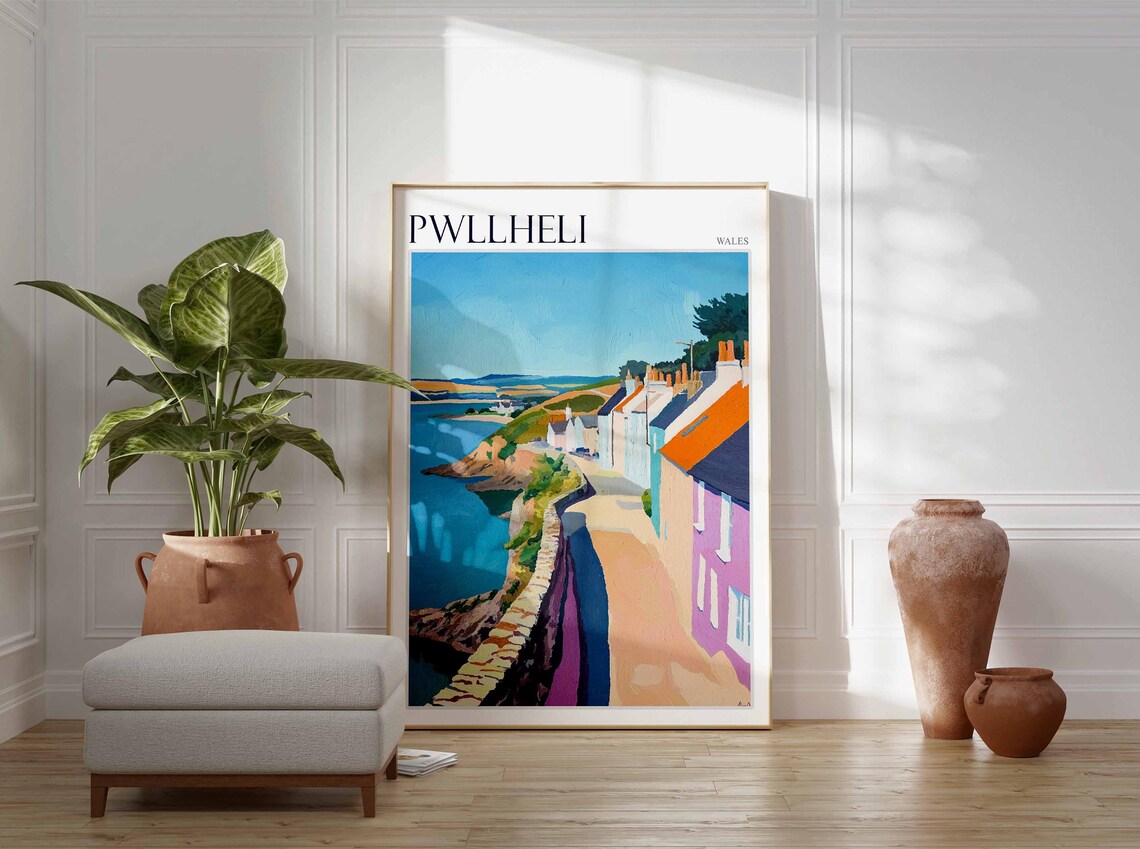 Pwllheli Wales Cliff Top Path Pastel Cottages Rocky Shore Sea Poster - Image 4
